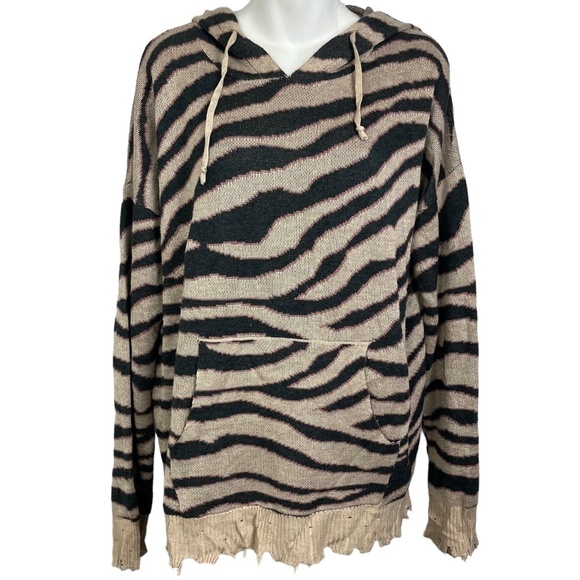 FATE Zebra Print Brown Hoodie Sweater Long Sleeve Distressed Hem Pullover sz M - Picture 1 of 16